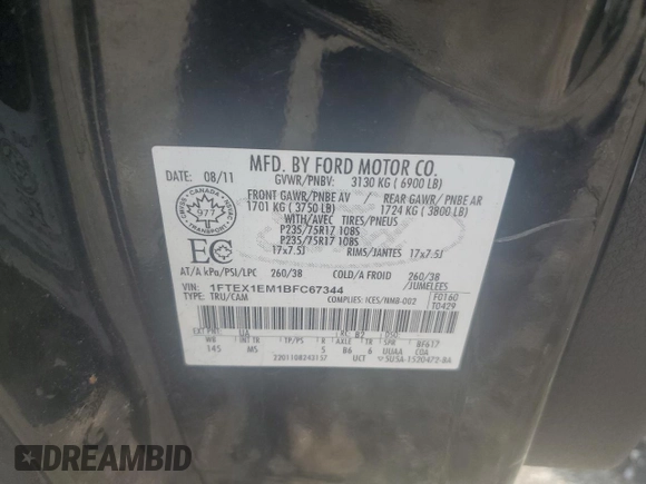 2011 Ford F-150 XL with VIN 1FTEX1EM1BFC67344, listed as a Copart auction lot 63780335 with 239,282 mi miles and Clean title. Bid and sale history available at DreamBid. Image 12.