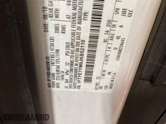 2018 Ford Transit с VIN 1FTYE1YM9JKB52110, выставлен на аукционе IAAI как лот 42610426 с пробегом 156 532 миль миль и . История ставок и продаж доступна на DreamBid. Изображение 25.