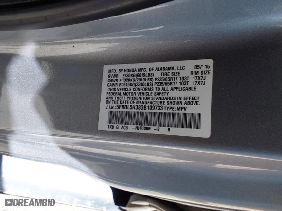 2016 Honda Odyssey SE with VIN 5FNRL5H38GB109733, listed as a IAAI auction lot 41882527 with 123,087 mi miles. Bid and sale history available at carsss.com. Image 9.