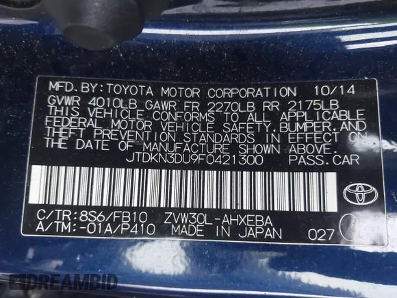 2015 Toyota Prius Four with VIN JTDKN3DU9F0421300, listed as a IAAI auction lot 41541385 with 156,398 mi miles. Bid and sale history available at carsss.com. Image 9.