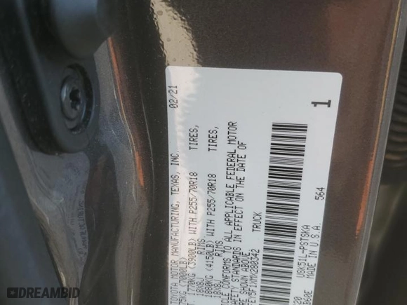 2021 Toyota Tundra 2WD SR5 with VIN 5TFEY5F1XMX280342, listed as a Copart auction lot 43581365 with 20,963 mi miles and Salvage Title. Bid and sale history available at carsss.com. Image 13.
