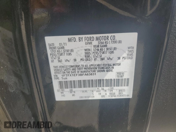 2011 Ford F-150 XL с VIN 1FTFX1EF3BFA63831, выставлен на аукционе Copart как лот 64544945 с пробегом 142 807 миль миль и Списание • Salvage title. История ставок и продаж доступна на DreamBid. Изображение 12.