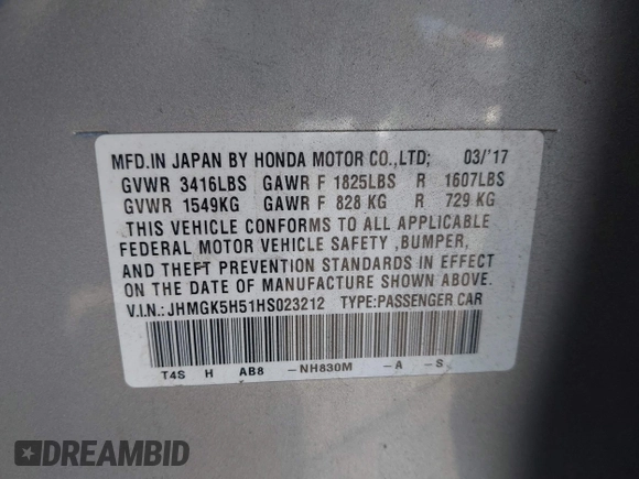 2017 Honda Fit LX with VIN JHMGK5H51HS023212, listed as a IAAI auction lot 42153107 with 106,778 mi miles. Bid and sale history available at carsss.com. Image 9.