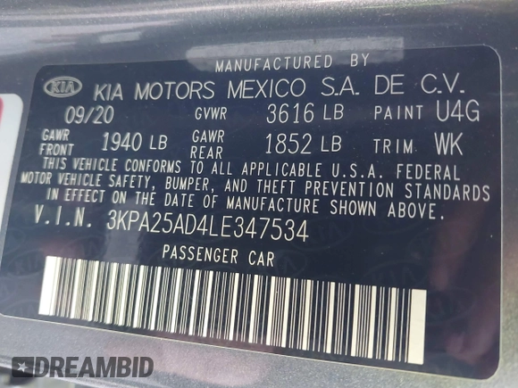 2020 Kia Rio S with VIN 3KPA25AD4LE347534, listed as a IAAI auction lot 41237688 with 68,395 mi miles and . Bid and sale history available at DreamBid. Image 9.