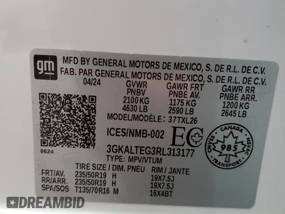 2024 GMC Terrain SLE with VIN 3GKALTEG3RL313177, listed as a Copart auction lot 82643974 with Not provided miles and Salvage title. Bid and sale history available at DreamBid. Image 12.