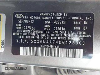 2013 Kia Optima LX with VIN 5XXGM4A74DG125903, listed as a IAAI auction lot 41931287 with 139,350 mi miles. Bid and sale history available at carsss.com. Image 9.