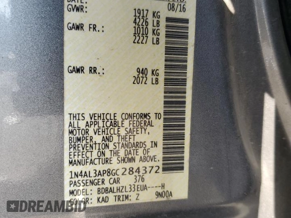 2016 Nissan Altima SR with VIN 1N4AL3AP8GC284372, listed as a Copart auction lot 63856255 with 145,086 mi miles and Salvage title. Bid and sale history available at DreamBid. Image 12.
