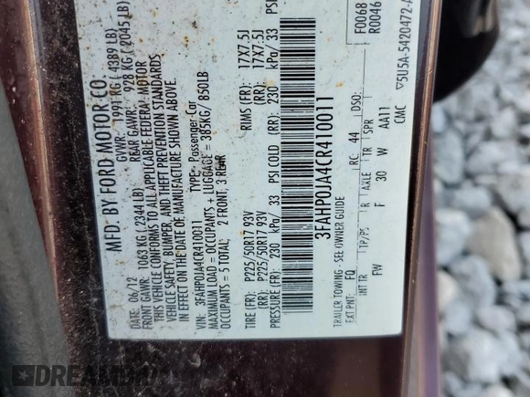 2012 Ford Fusion SEL z VIN 3FAHP0JA4CR410011, wystawiony jako Copart lot #57872835 z przebiegiem 187 756 mil mil oraz Szkoda całkowita • Salvage title. Historia ofert i sprzedaży dostępna na DreamBid. Obrazek 12.