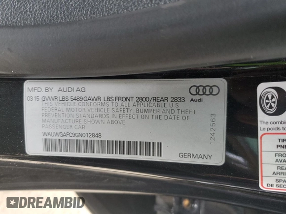 2016 Audi A7 3.0 Premium Plus with VIN WAUWGAFC9GN012848, listed as a Copart auction lot 37325264 with 90,744 mi miles. Bid and sale history available at carsss.com. Image 12.