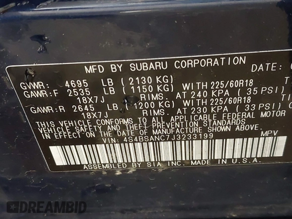 2018 Subaru Outback Limited with VIN 4S4BSANC7J3233199, listed as a IAAI auction lot 42543881 with 129,162 mi miles and . Bid and sale history available at DreamBid. Image 9.