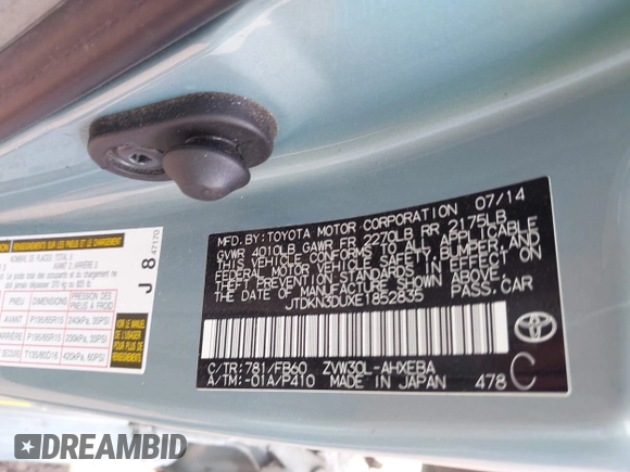 2014 Toyota Prius Four with VIN JTDKN3DUXE1852835, listed as a IAAI auction lot 42234128 with 189,512 mi miles and . Bid and sale history available at DreamBid. Image 9.