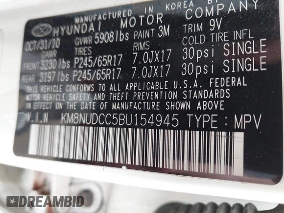 2011 Hyundai Veracruz GLS with VIN KM8NUDCC5BU154945, listed as a IAAI auction lot 42608801 with 132,296 mi miles and . Bid and sale history available at DreamBid. Image 9.