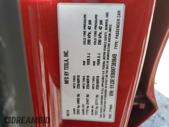2019 Tesla Model 3 Long Range with VIN 5YJ3E1EB8KF389649, listed as a Copart auction lot 43921645 with 46,818 mi miles and Salvage Title. Bid and sale history available at carsss.com. Image 12.