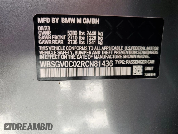 2024 BMW M8 Competition z VIN WBSGV0C02RCN81436, wystawiony jako Copart lot #76872664 z przebiegiem Nie podano mil oraz Nie do naprawy • Non repairable. Historia ofert i sprzedaży dostępna na DreamBid. Obrazek 13.