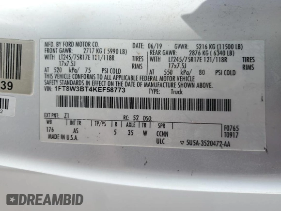 2019 Ford F-350 XL с VIN 1FT8W3BT4KEF58773, выставлен на аукционе Copart как лот 52741405 с пробегом 72 923 миль миль и Чистый • Clean title. История ставок и продаж доступна на DreamBid. Изображение 12.