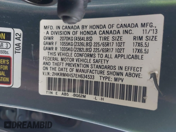 2014 Honda CR-V EX with VIN 2HKRM4H57EH634533, listed as a IAAI auction lot 41723212 with Not Provided miles and . Bid and sale history available at DreamBid. Image 9.