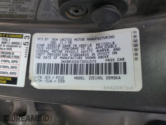 2007 Toyota Corolla CE with VIN 1NXBR32E67Z831073, listed as a Copart auction lot 54115235 with 253,281 mi miles and Salvage Title. Bid and sale history available at DreamBid. Image 13.