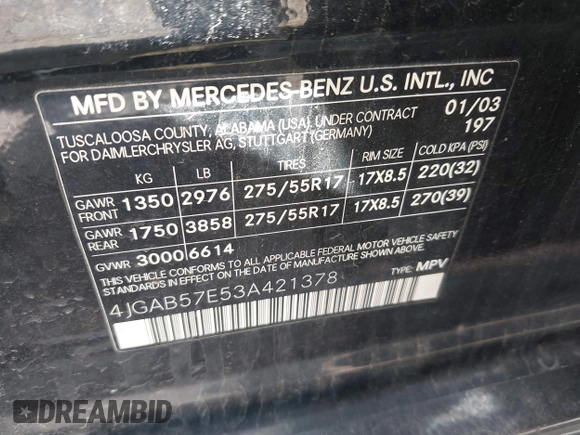 2003 Mercedes-Benz M 350 с VIN 4JGAB57E53A421378, выставлен на аукционе IAAI как лот 42193040 с пробегом 185 719 миль миль и . История ставок и продаж доступна на DreamBid. Изображение 9.