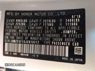2018 Honda Clarity with VIN JHMZC5F15JC018312, listed as a IAAI auction lot 41354648 with 97,035 mi miles and . Bid and sale history available at DreamBid. Image 9.