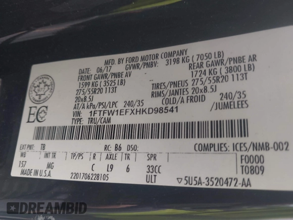 2017 Ford F-150 XL с VIN 1FTFW1EFXHKD98541, выставлен на аукционе IAAI как лот 42258856 с пробегом Не указан миль и . История ставок и продаж доступна на DreamBid. Изображение 9.
