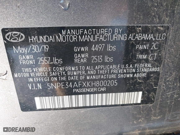 2019 Hyundai Sonata Sport with VIN 5NPE34AFXKH800205, listed as a IAAI auction lot 41227546 with 82,850 mi miles. Bid and sale history available at carsss.com. Image 9.