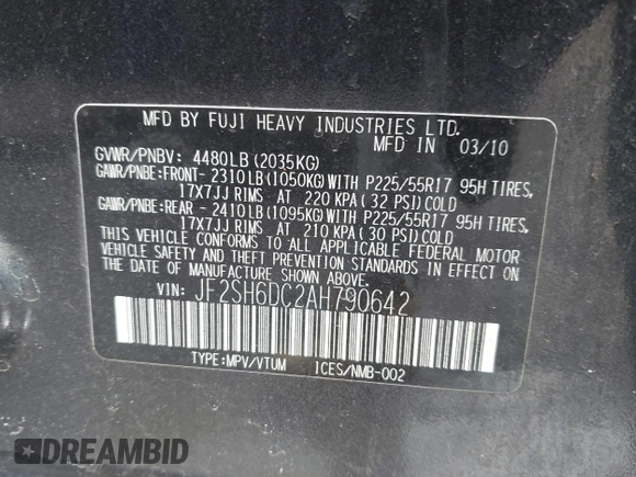 2010 Subaru Forester X Limited with VIN JF2SH6DC2AH790642, listed as a IAAI auction lot 41973971 with Not Provided miles and . Bid and sale history available at DreamBid. Image 9.