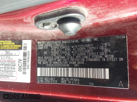 2005 Toyota Sienna XLE with VIN 5TDZA22C05S248499, listed as a IAAI auction lot 41797750 with 266,521 mi miles. Bid and sale history available at carsss.com. Image 9.