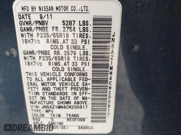 2012 Nissan Murano SV with VIN JN8AZ1MW4CW200917, listed as a IAAI auction lot 42106455 with 115,455 mi miles and . Bid and sale history available at carsss.com. Image 9.