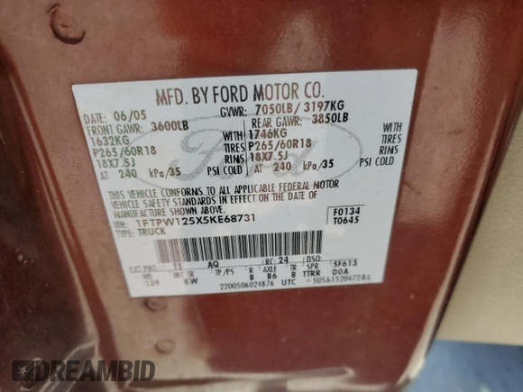 2005 Ford F-150 XLT с VIN 1FTPW125X5KE68731, выставлен на аукционе Copart как лот 55912285 с пробегом 287 986 миль миль и Списание • Salvage title. История ставок и продаж доступна на DreamBid. Изображение 12.