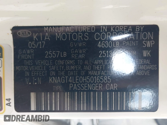 2017 Kia Optima with VIN KNAGT4LE0H5016585, listed as a IAAI auction lot 42185404 with 92,233 mi miles and . Bid and sale history available at DreamBid. Image 9.