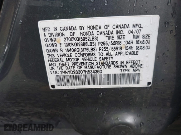2007 Acura MDX Tech Pkg with VIN 2HNYD28307H534360, listed as a IAAI auction lot 41708989 with 247,544 mi miles. Bid and sale history available at carsss.com. Image 9.