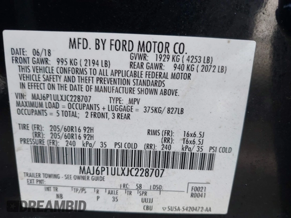 2018 Ford EcoSport SE with VIN MAJ6P1ULXJC228707, listed as a IAAI auction lot 41630469 with 91,070 mi miles. Bid and sale history available at carsss.com. Image 9.