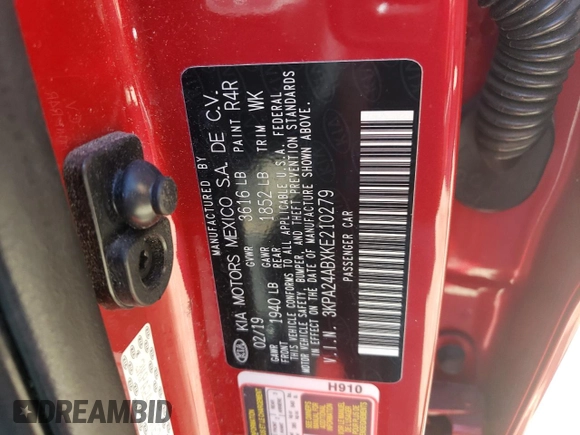 2019 Kia Rio S with VIN 3KPA24ABXKE210279, listed as a Copart auction lot 46250915 with 67,307 mi miles and Clean Title. Bid and sale history available at carsss.com. Image 12.