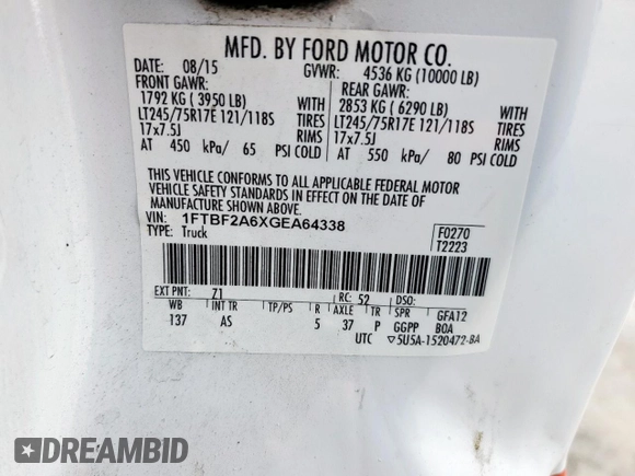 2016 Ford F-250 XL with VIN 1FTBF2A6XGEA64338, listed as a Copart auction lot 59768165 with 111,821 mi miles and Clean title. Bid and sale history available at DreamBid. Image 12.
