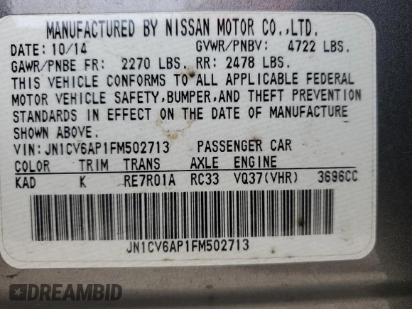 2015 Infiniti Q40 with VIN JN1CV6AP1FM502713, listed as a Copart auction lot 56121544 with 0 mi miles and Salvage Title. Bid and sale history available at carsss.com. Image 14.