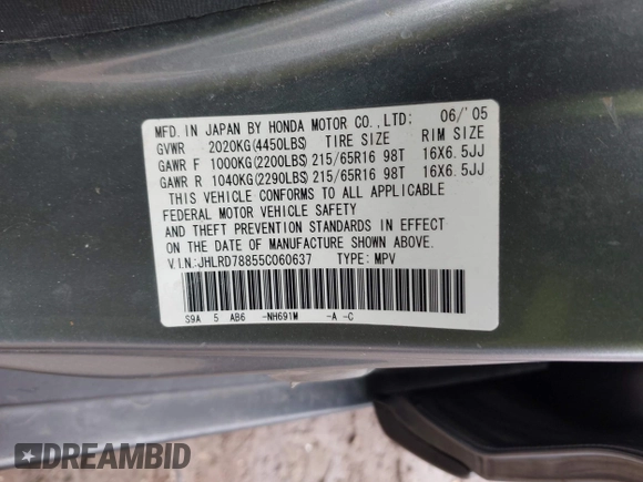 2005 Honda CR-V EX with VIN JHLRD78855C060637, listed as a IAAI auction lot 42079014 with 170,060 mi miles. Bid and sale history available at carsss.com. Image 9.