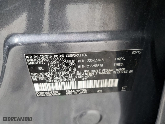2015 Toyota RAV4 Limited with VIN JTMDFREV8FD122518, listed as a Copart auction lot 53871675 with 110,800 mi miles and Salvage Title. Bid and sale history available at carsss.com. Image 13.
