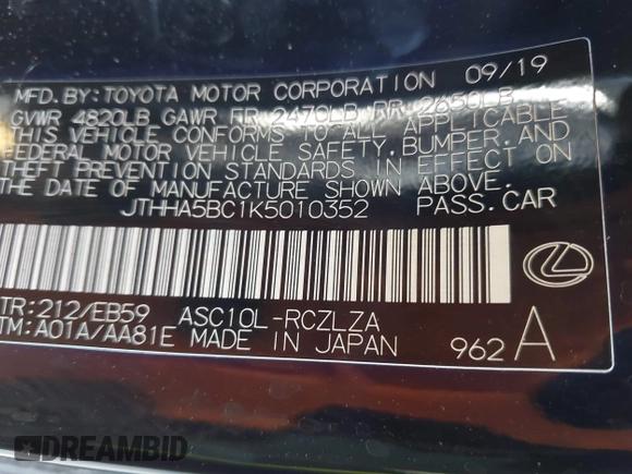 2019 Lexus RC 300 with VIN JTHHA5BC1K5010352, listed as a IAAI auction lot 42413621 with 28,456 mi miles and . Bid and sale history available at DreamBid. Image 9.