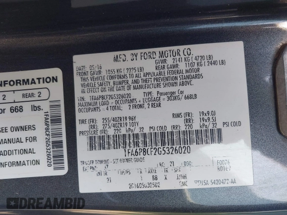 2016 Ford Mustang GT with VIN 1FA6P8CF2G5326020, listed as a IAAI auction lot 42340542 with 177,006 mi miles and . Bid and sale history available at DreamBid. Image 9.