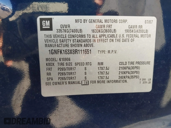 2008 Chevrolet Suburban LTZ with VIN 1GNFK163X8R111651, listed as a IAAI auction lot 41673888 with 239,876 mi miles. Bid and sale history available at carsss.com. Image 9.