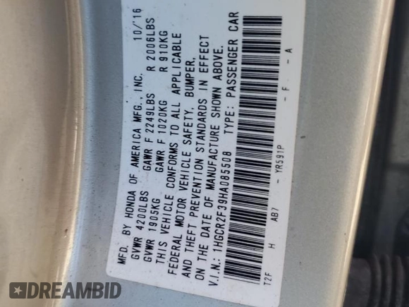 2017 Honda Accord Sedan LX with VIN 1HGCR2F39HA085508, listed as a Copart auction lot 88021855 with 126,059 mi miles and Salvage Title. Bid and sale history available at carsss.com. Image 12.