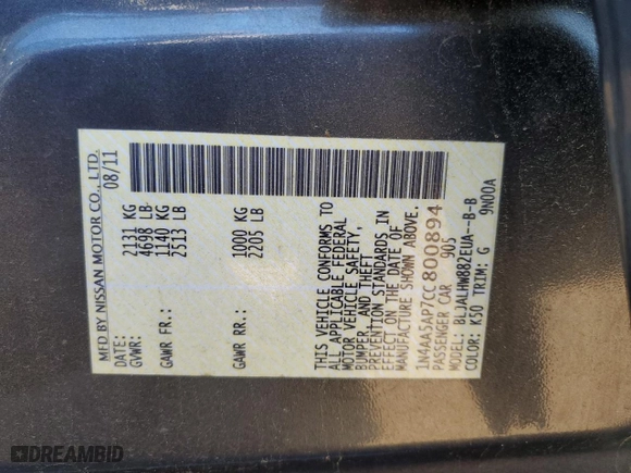 2012 Nissan Maxima 3.5 S with VIN 1N4AA5AP7CC800894, listed as a Copart auction lot 52020155 with 110,492 mi miles and Salvage Title. Bid and sale history available at carsss.com. Image 13.
