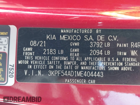 2021 Kia Forte EX with VIN 3KPF54AD1ME404443, listed as a IAAI auction lot 40952314 with 108,035 mi miles and . Bid and sale history available at DreamBid. Image 9.