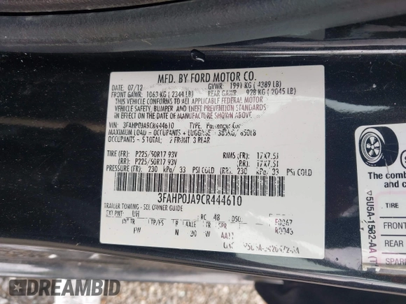2012 Ford Fusion SEL with VIN 3FAHP0JA9CR444610, listed as a IAAI auction lot 41939990 with 140,029 mi miles. Bid and sale history available at carsss.com. Image 9.