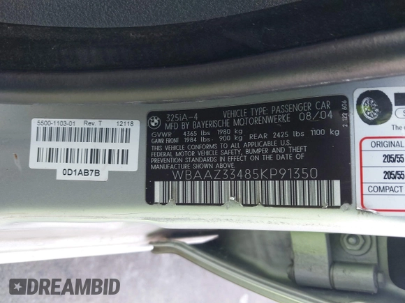 2005 BMW 3 Series 325i with VIN WBAAZ33485KP91350, listed as a IAAI auction lot 41536220 with 153,894 mi miles and . Bid and sale history available at DreamBid. Image 9.