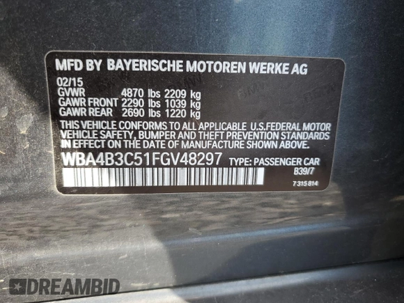 2015 BMW 4 Series 435i xDrive with VIN WBA4B3C51FGV48297, listed as a Copart auction lot 60950394 with 105,509 mi miles and Salvage Title. Bid and sale history available at DreamBid. Image 12.