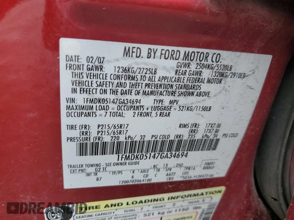 2007 Ford Freestyle SEL z VIN 1FMDK05147GA34694, wystawiony jako Copart lot #64425564 z przebiegiem Nie podano mil oraz Szkoda całkowita • Salvage title. Historia ofert i sprzedaży dostępna na DreamBid. Obrazek 12.