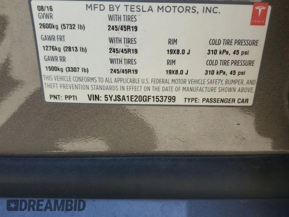 2016 Tesla Model S 90D z VIN 5YJSA1E20GF153799, wystawiony jako Copart lot #56104665 z przebiegiem 115 674 mil mil oraz Szkoda całkowita • Salvage title. Historia ofert i sprzedaży dostępna na DreamBid. Obrazek 12.