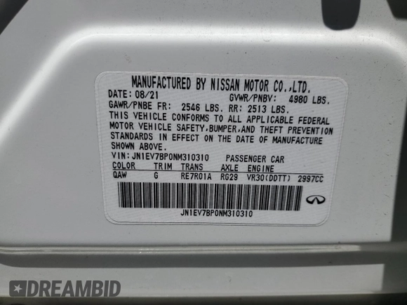 2022 Infiniti Q50 Luxe with VIN JN1EV7BP0NM310310, listed as a Copart auction lot 60804715 with 54,424 mi miles and Salvage title. Bid and sale history available at DreamBid. Image 12.