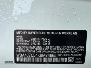 2019 BMW 4 Series 440i xDrive with VIN WBA4J7C54KBM74665, listed as a Copart auction lot 54988385 with 75,103 mi miles and Clean Title. Bid and sale history available at carsss.com. Image 10.